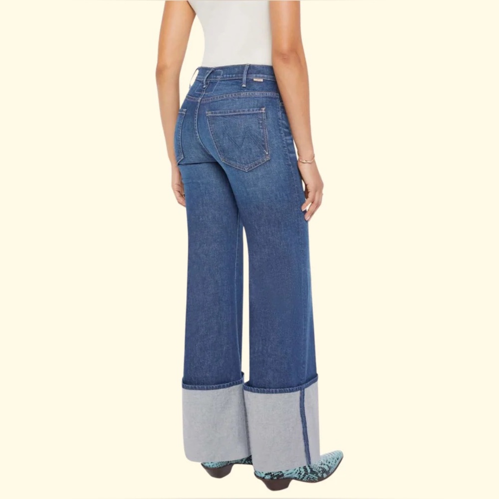 MOTHER Wide-Leg Cuffed Jeans in Medium Blue with Light Cuff - Picture 2 of 11